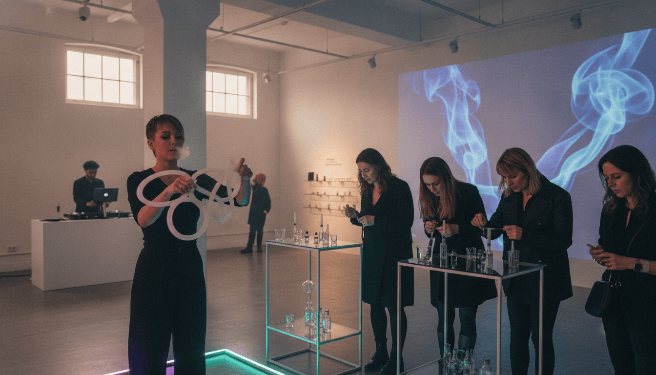 Pessoa adulta realizando performance com vapor iluminado por LEDs em exposição, visitantes adultos provando e-líquidos em estandes minimalistas.