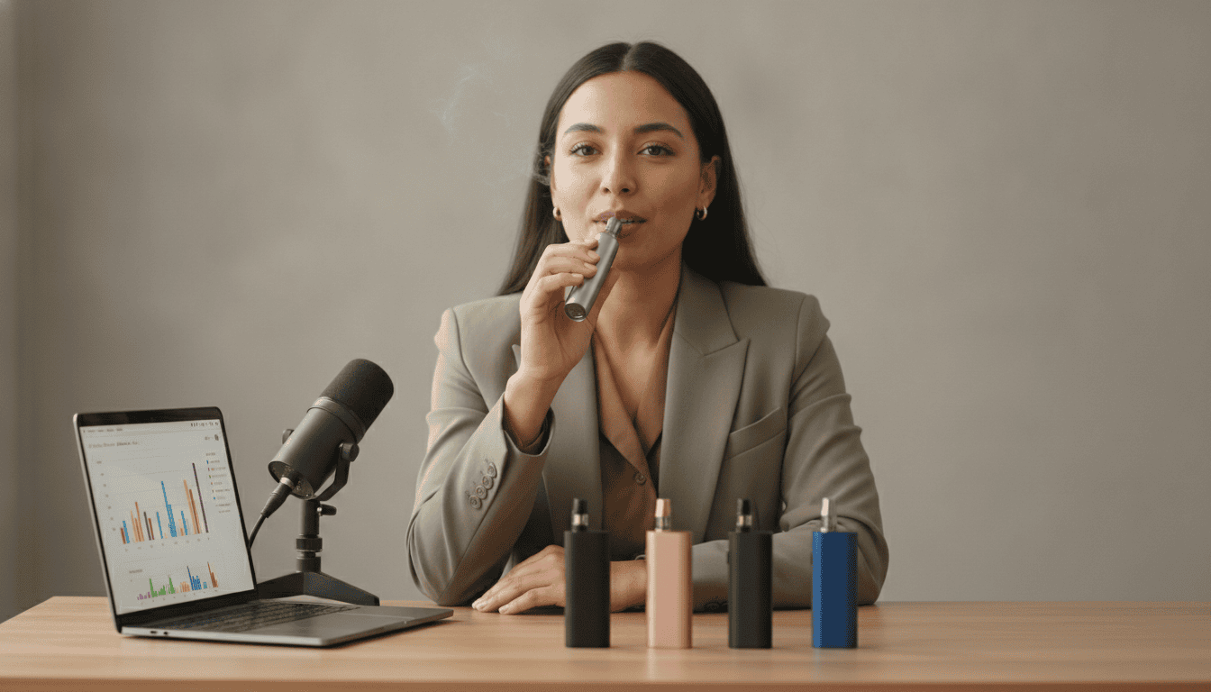 Pessoa adulta revisando um dispositivo de vape em estúdio, com dispositivos e um laptop mostrando métricas sobre a mesa.