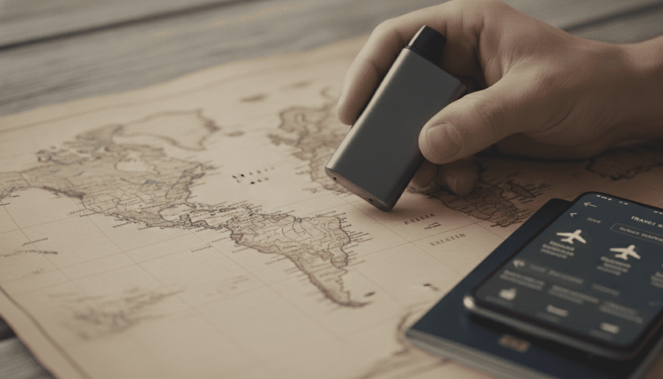 Mão adulta segurando um dispositivo de vaping sobre um mapa-múndi, com passaporte e celular ao lado.