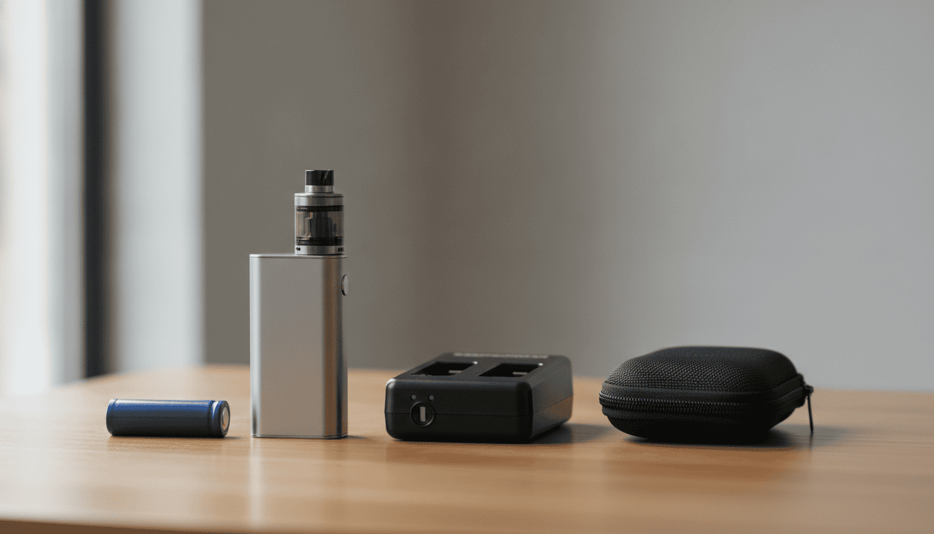 Mesa com baterias de vape, carregador externo e estojo de transporte, mostrando equipamentos organizados e em ambiente claro