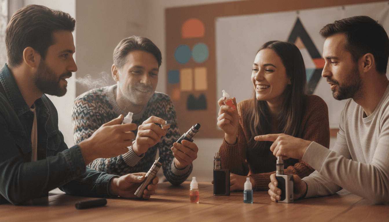 Foto editorial de um grupo diversificado de adultos em encontro vaper, trocando dispositivos e provando e-líquidos em mesa comunitária.