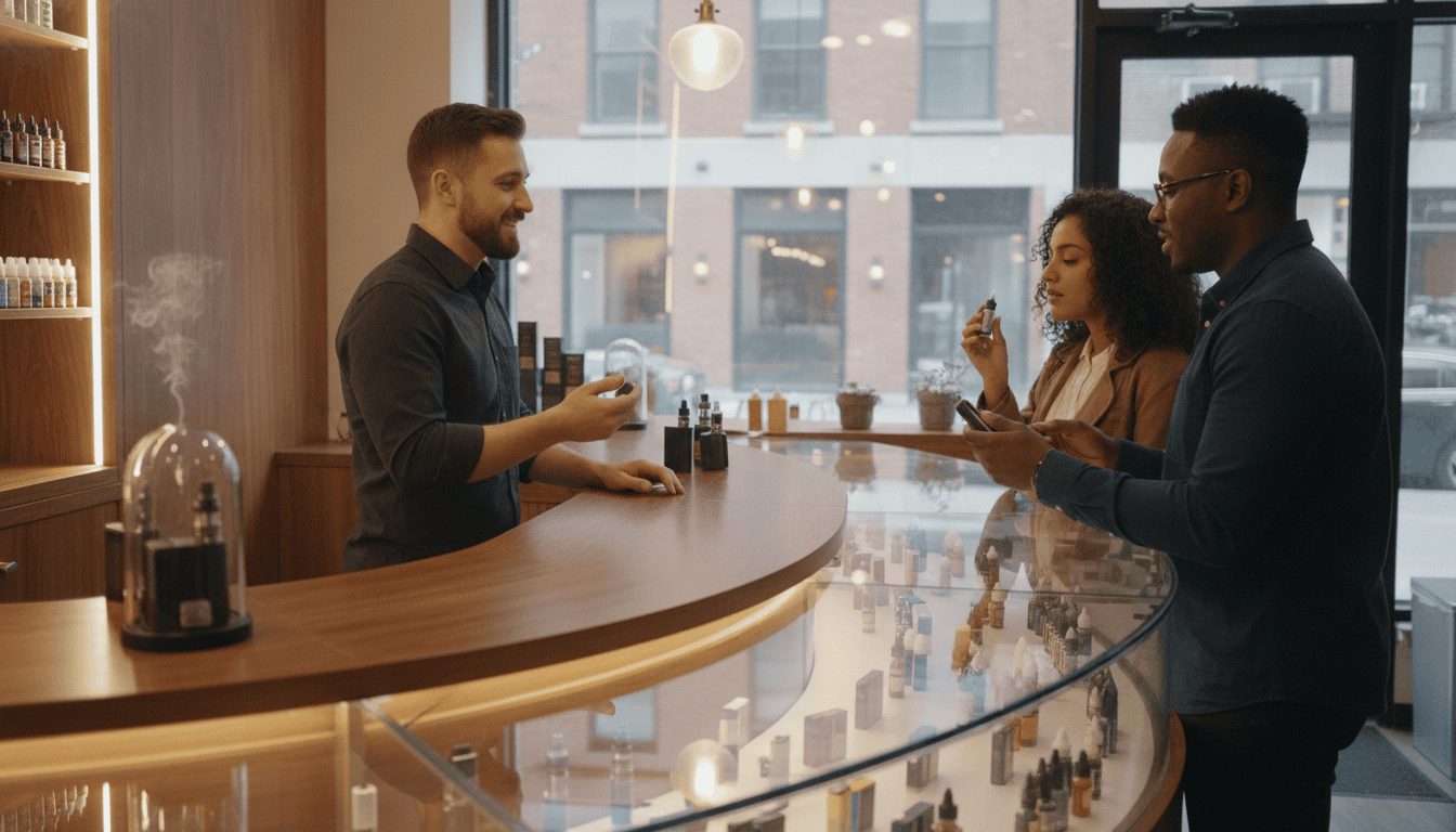 Interior de um vaporium em Nova York com balcão, frascos de e-líquido e clientes adultos experimentando produtos