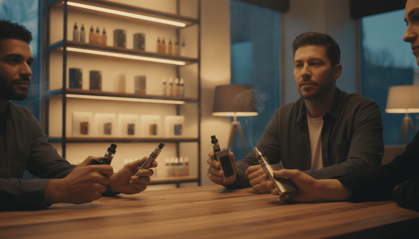 Interior de um lounge de vape com adultos segurando diferentes dispositivos e prateleiras com e-líquidos ao fundo