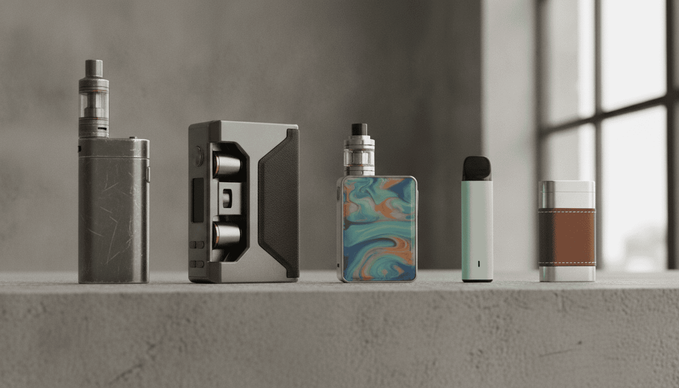 Linha horizontal de dispositivos vape em superfícies de concreto: um cigalike retro, um box mod grande, um pod com painel em resina, um pod descartável colorido e um aparelho de luxo em metal e couro.