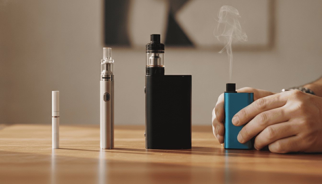 Linha de dispositivos de vape sobre uma mesa de madeira: cigalike, vape pen, box mod com atomizador e pod moderno, mãos adultas ajustando o mod.