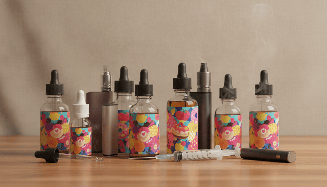 Várias garrafas de e-líquido e pods descartáveis sobre bancada de madeira, com rótulos coloridos e leves fios de vapor ao fundo.