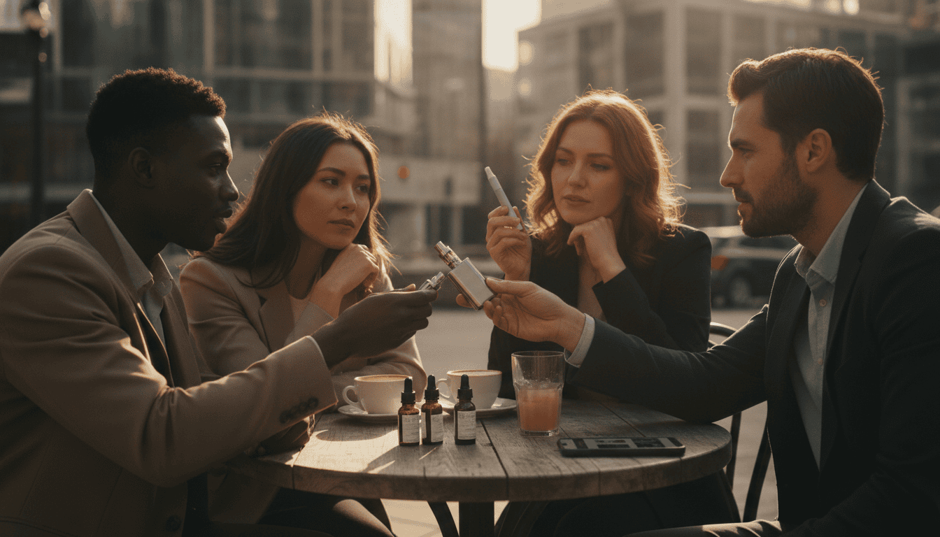 Grupo de adultos em café com dispositivos de vaping sobre a mesa, e-líquidos e um celular mostrando loja online.