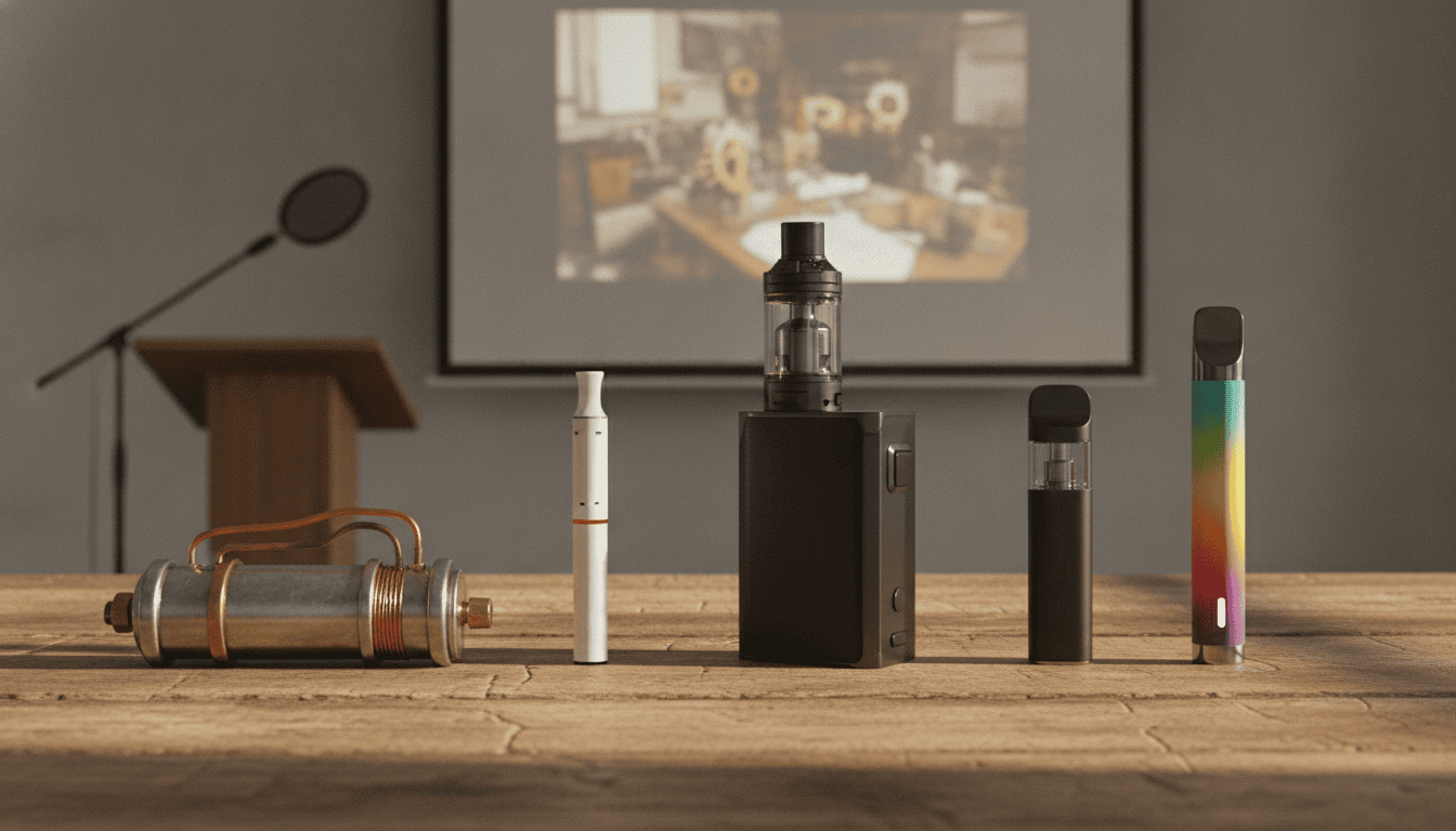 Linha de dispositivos de vaping dispostos em ordem histórica sobre uma mesa de madeira, com uma tela de projeção desfocada ao fundo indicando documentário e um microfone de palestra.