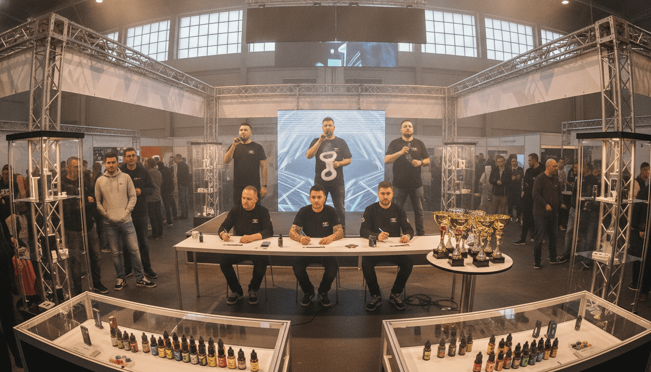 Foto de um festival de vape: competidores adultos demonstrando truques de vapor em um pequeno palco, com público e estandes ao fundo.
