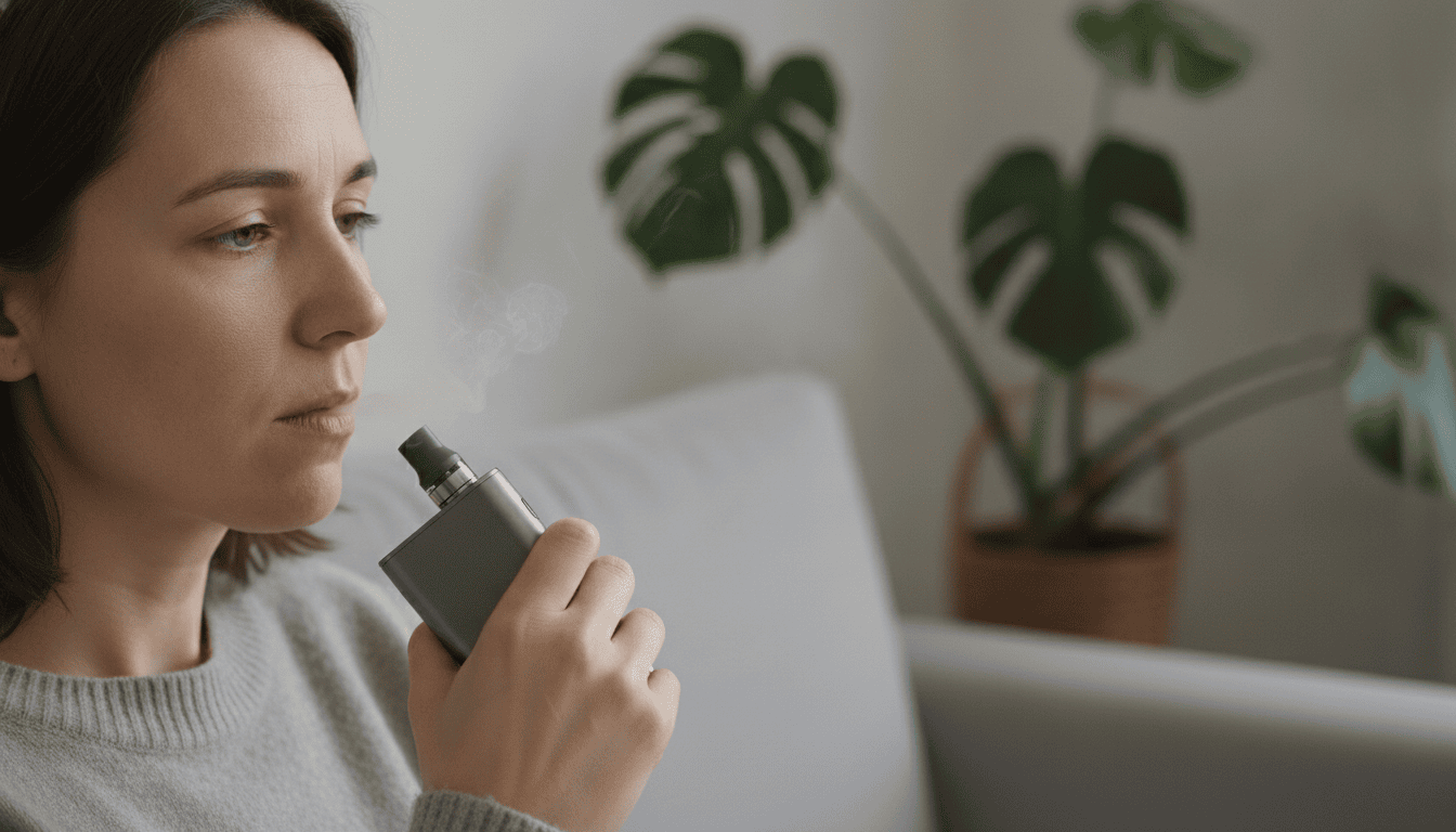 Pessoa adulta em sala segurando um dispositivo pod vape enquanto exala uma pequena nuvem de vapor, cena fotorrealista.