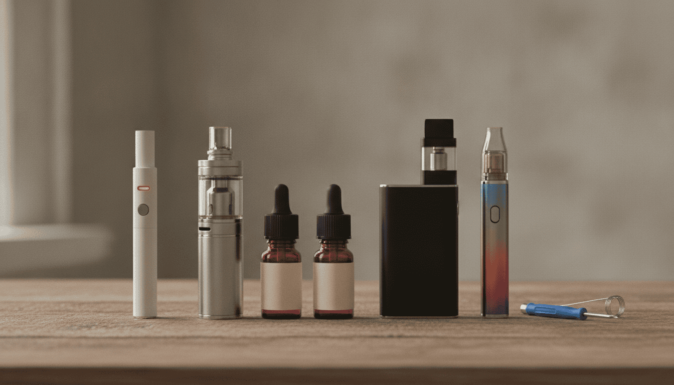 Coleção fotorrealista de dispositivos de vape representando a evolução: e-cigarette tubular, clearomizer, pod recarregável e pod descartável sobre mesa de madeira.