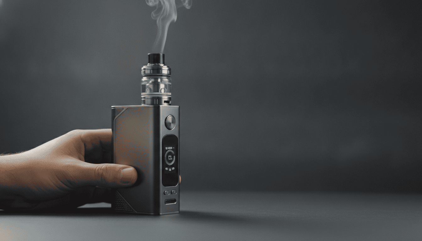Kit Vaporesso Luxe em superfície escura com a tela sensível ao toque visível e um leve vapor saindo do atomizador