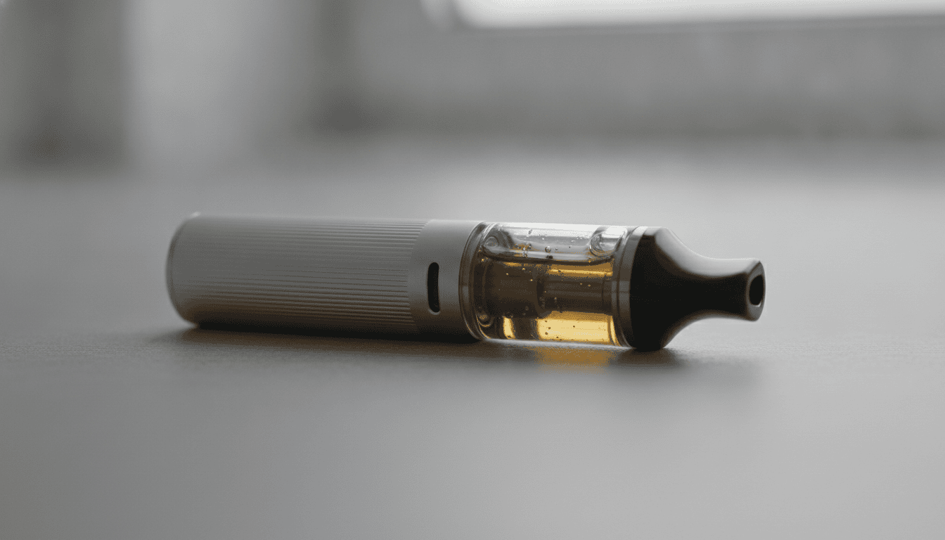 Foto do dispositivo Uwell Caliburn G apoiado sobre superfície neutra, mostrando corpo do aparelho e pod transparente com e-líquido visível.