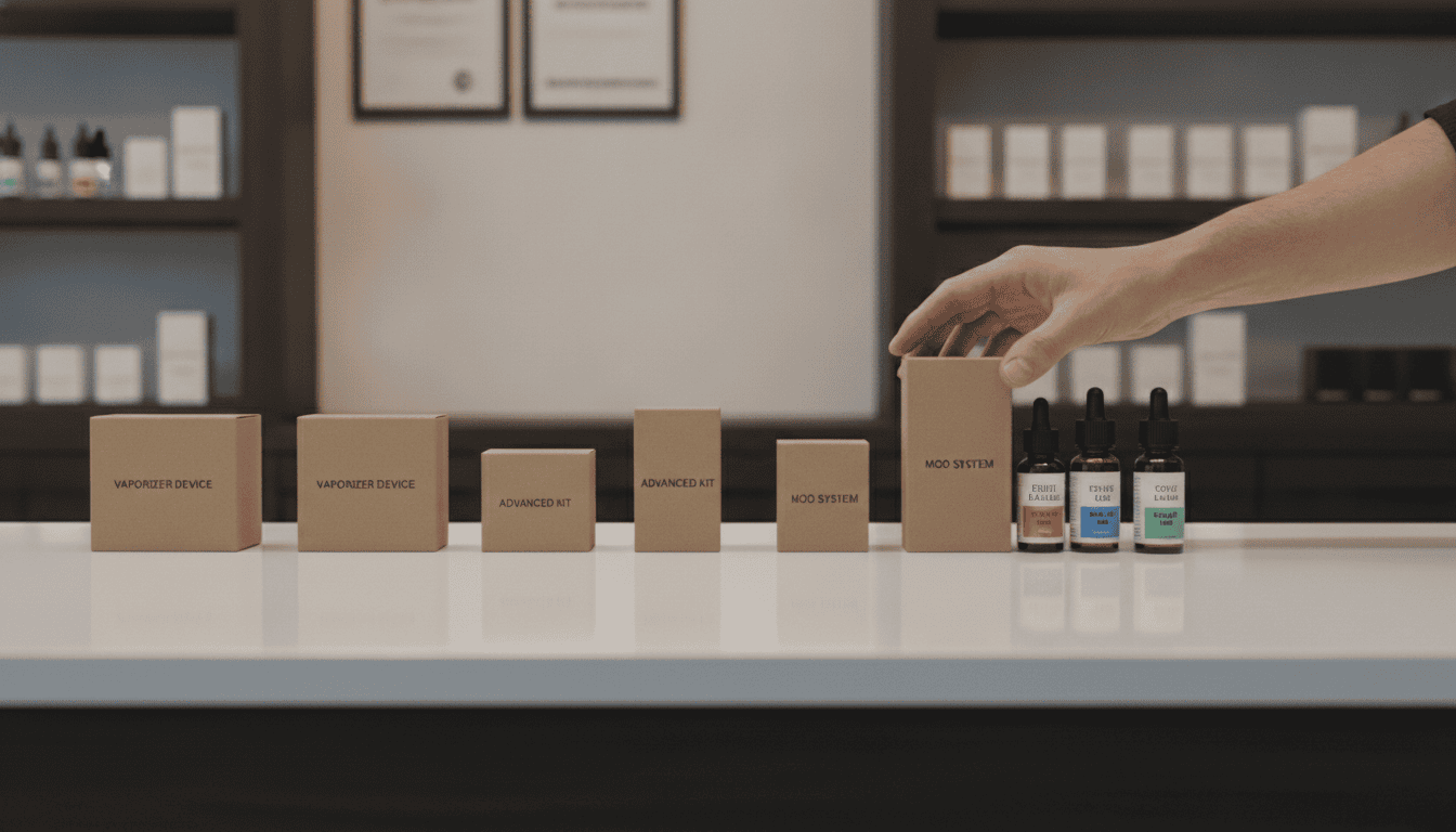 Balcão de loja especializada com caixas de vapes alinhadas e mão de cliente adulto alcançando um dispositivo