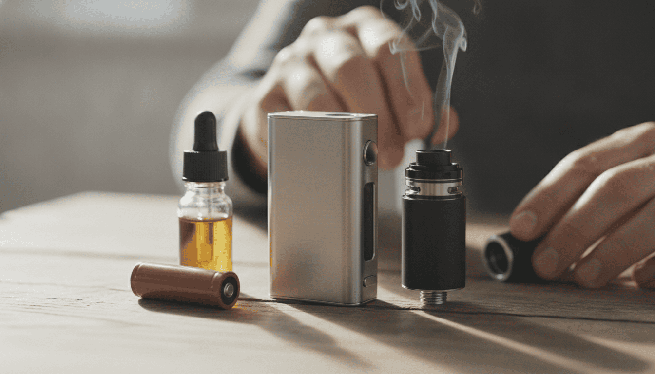 Eleaf iStick Pico sobre mesa de madeira com bateria 18650, tanque e frasco de e-líquido ao lado.