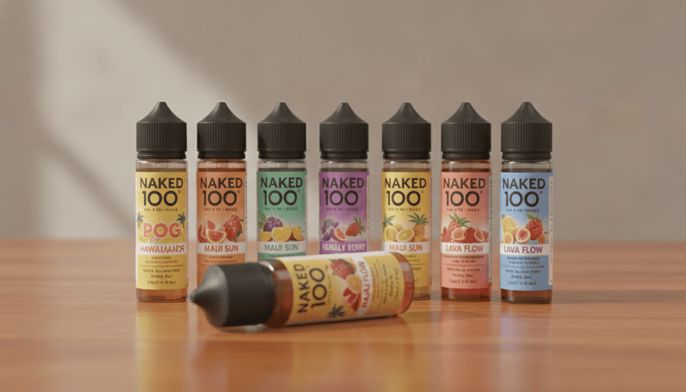 Frasco de e‑liquid Naked 100 em destaque sobre bancada de madeira, com rótulos coloridos e vários sabores posicionados lado a lado.