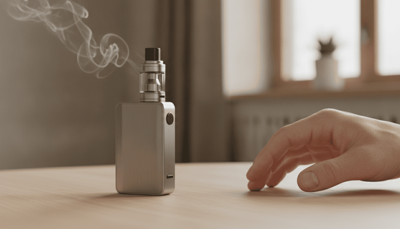 Dispositivo pod compacto sobre mesa de madeira com uma mão adulta alcançando-o; leve vapor ao fundo.