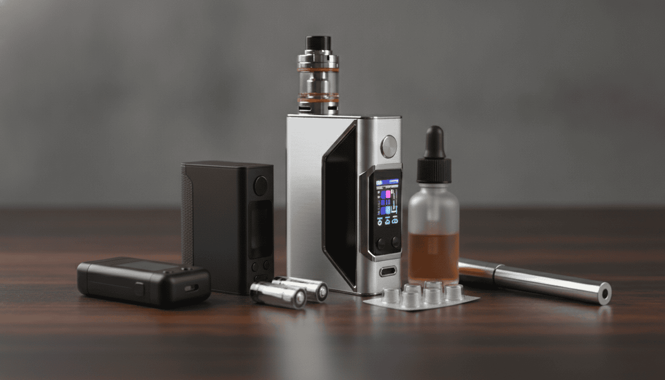 Seleção fotorrealista de três mods de vape (pod mod compacto, box mod dual-bateria e tubo mod) com acessórios sobre mesa escura.