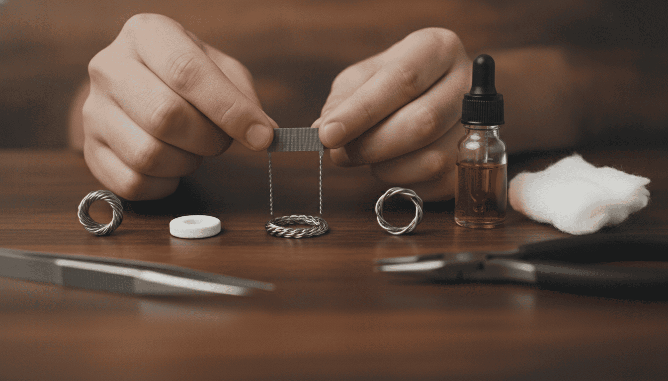 Close-up de diferentes coils (mesh, clapton, cerâmica) sobre bancada com ferramentas, algodão e frasco de e-líquido.