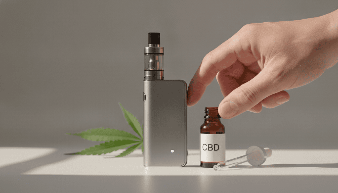Mesa com um pod vape moderno, frascos pequenos rotulados "CBD" e uma folha de cânhamo ao fundo, tudo em foco fotorrealista.
