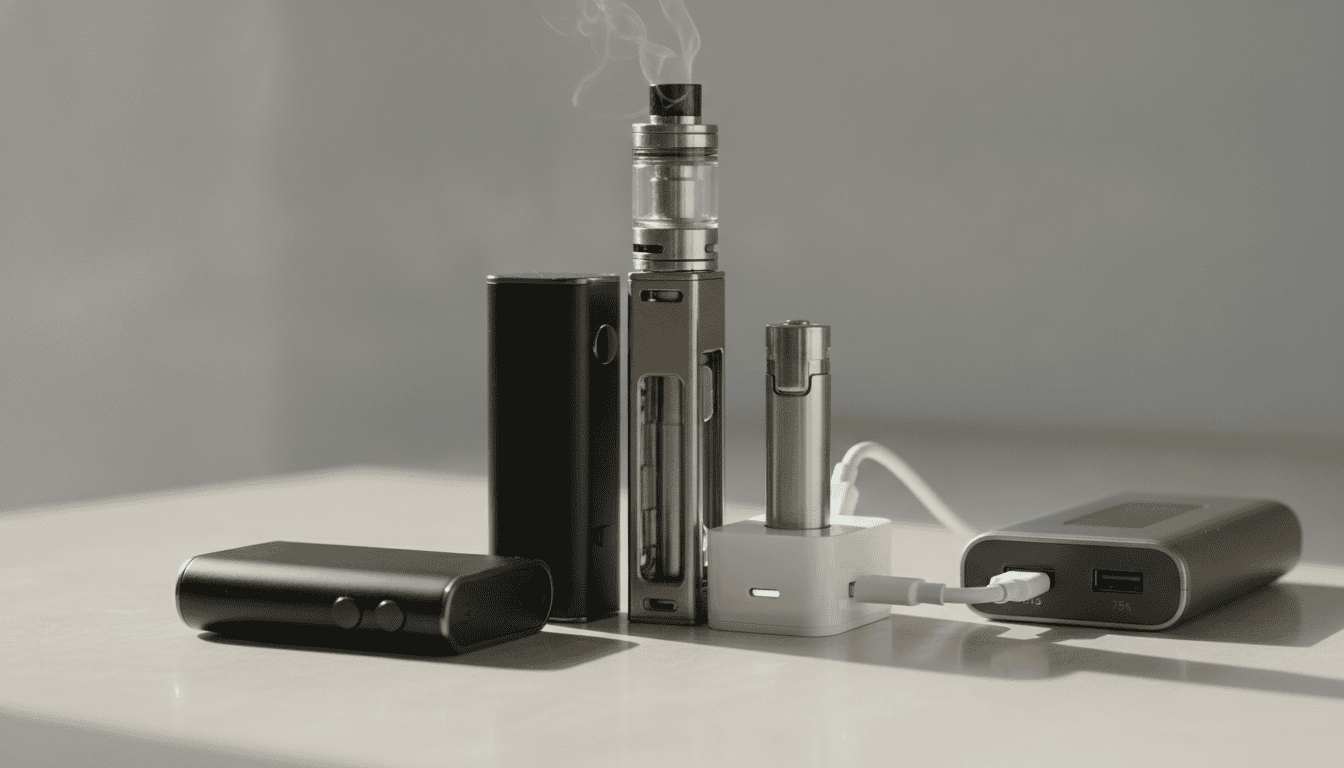 Vários dispositivos de vape lado a lado: um pod com bateria integrada, uma mod com bateria removível e um carregador USB-C em uma mesa.