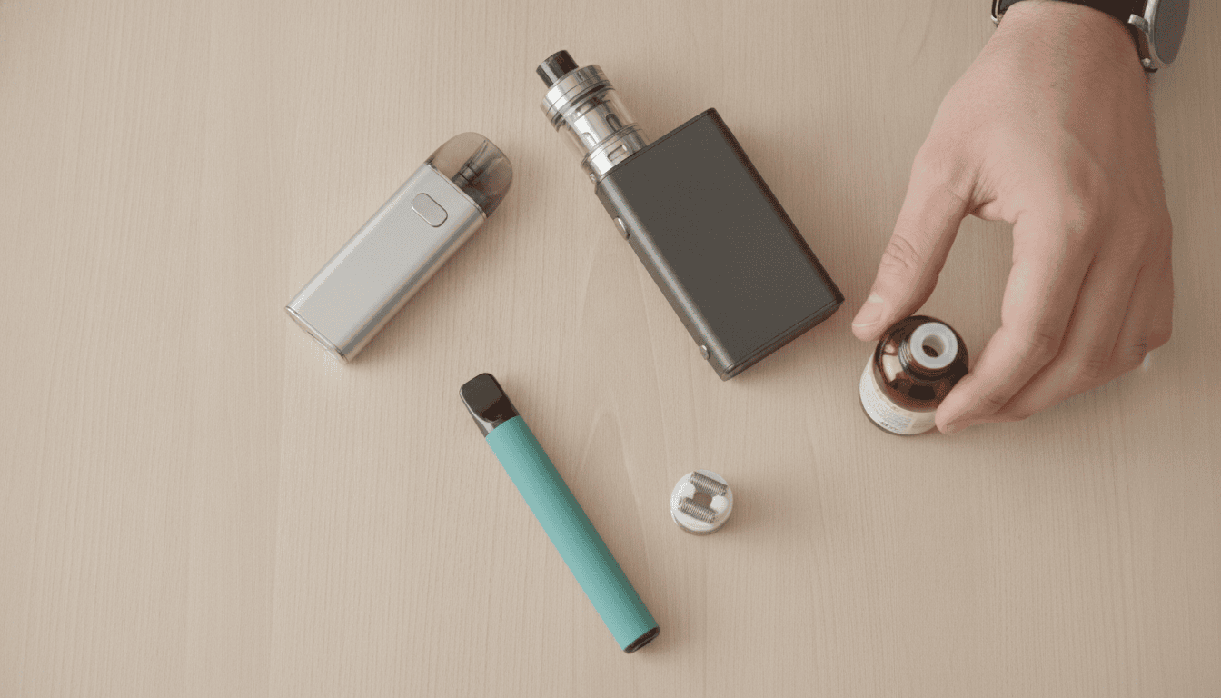 Mesa com três tipos de vape (pod, mod, descartável), um frasco de e-líquido e uma coil mesh em close, mãos adultas ao fundo.
