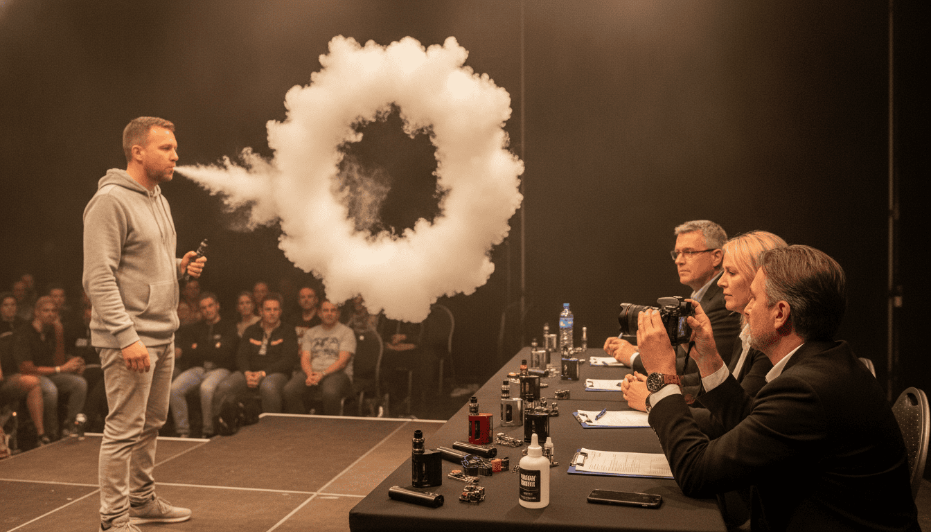 Cena fotorrealista de um campeonato de cloud chasing: competidor soprando nuvem de vapor em direção aos juízes, público ao fundo e mesa com equipamentos de vape.