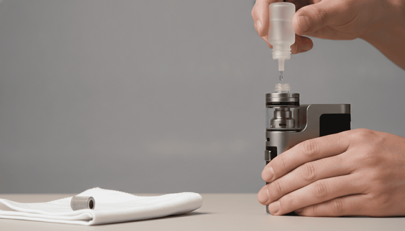 Mãos adultas abastecendo um tanque de vape com um conta-gotas de e-líquido sobre uma superfície limpa.