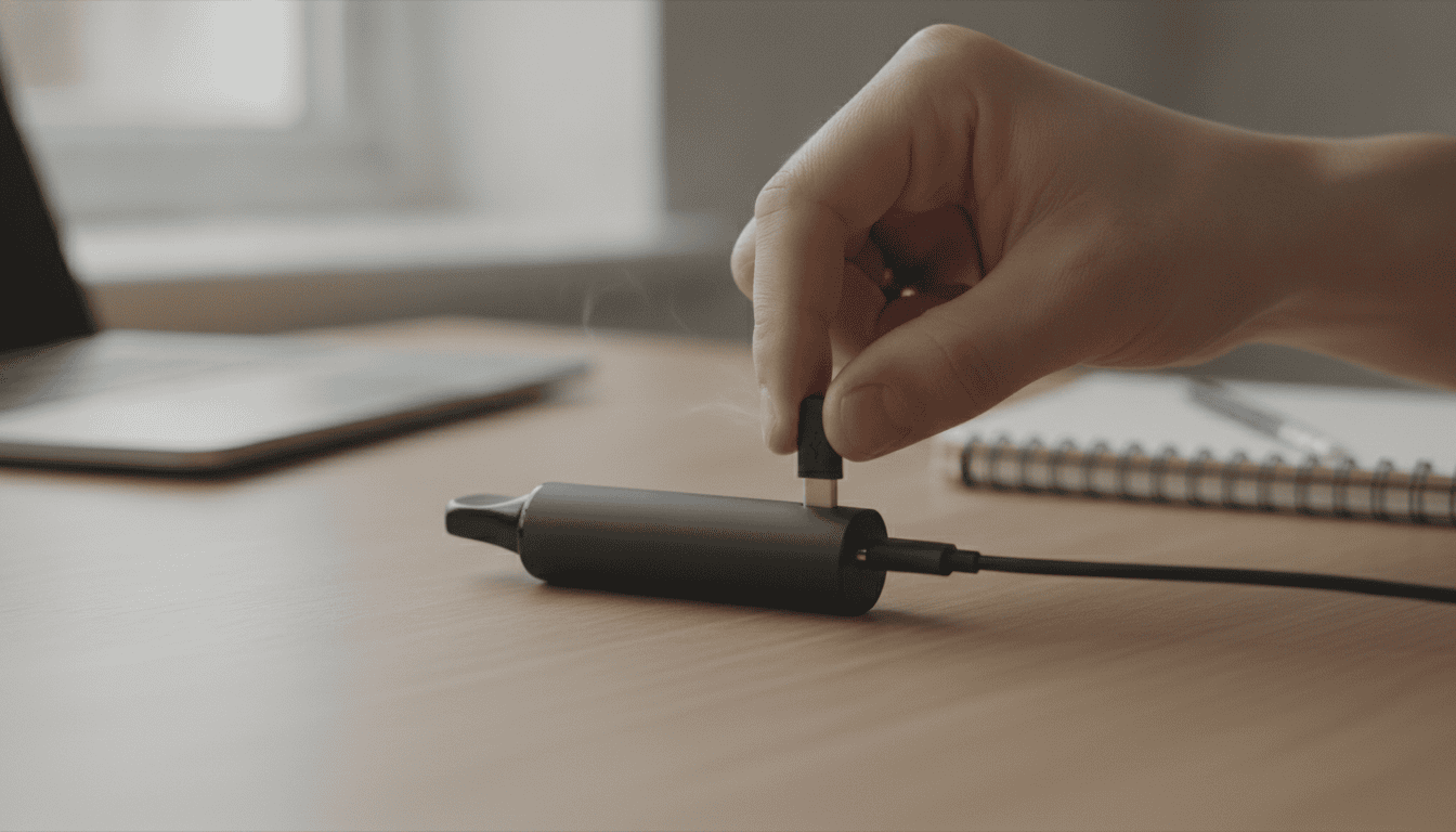 Mão adulta conectando cabo USB a um vape Ignite sobre uma mesa, com notebook ao fundo desfocado.