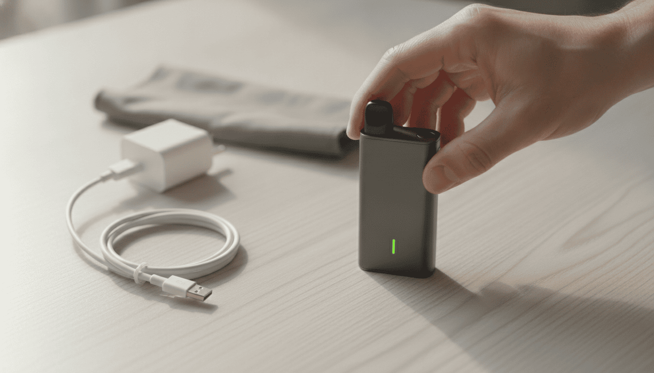 Mãos conectando um cabo USB-C a um dispositivo vape moderno sobre uma mesa de madeira, com LED de carga visível.