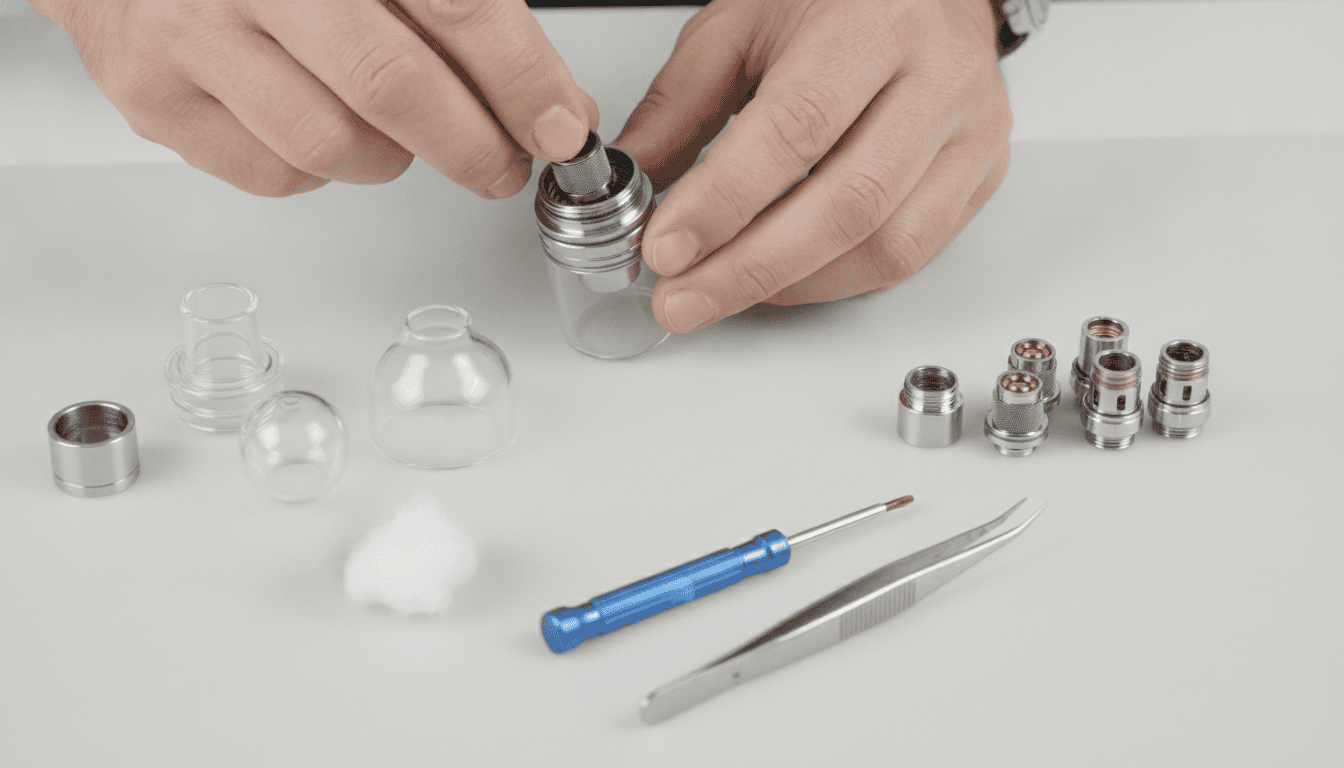 Mãos adultas trocando uma resistência de vape em uma bancada com ferramentas e bobinas ao redor