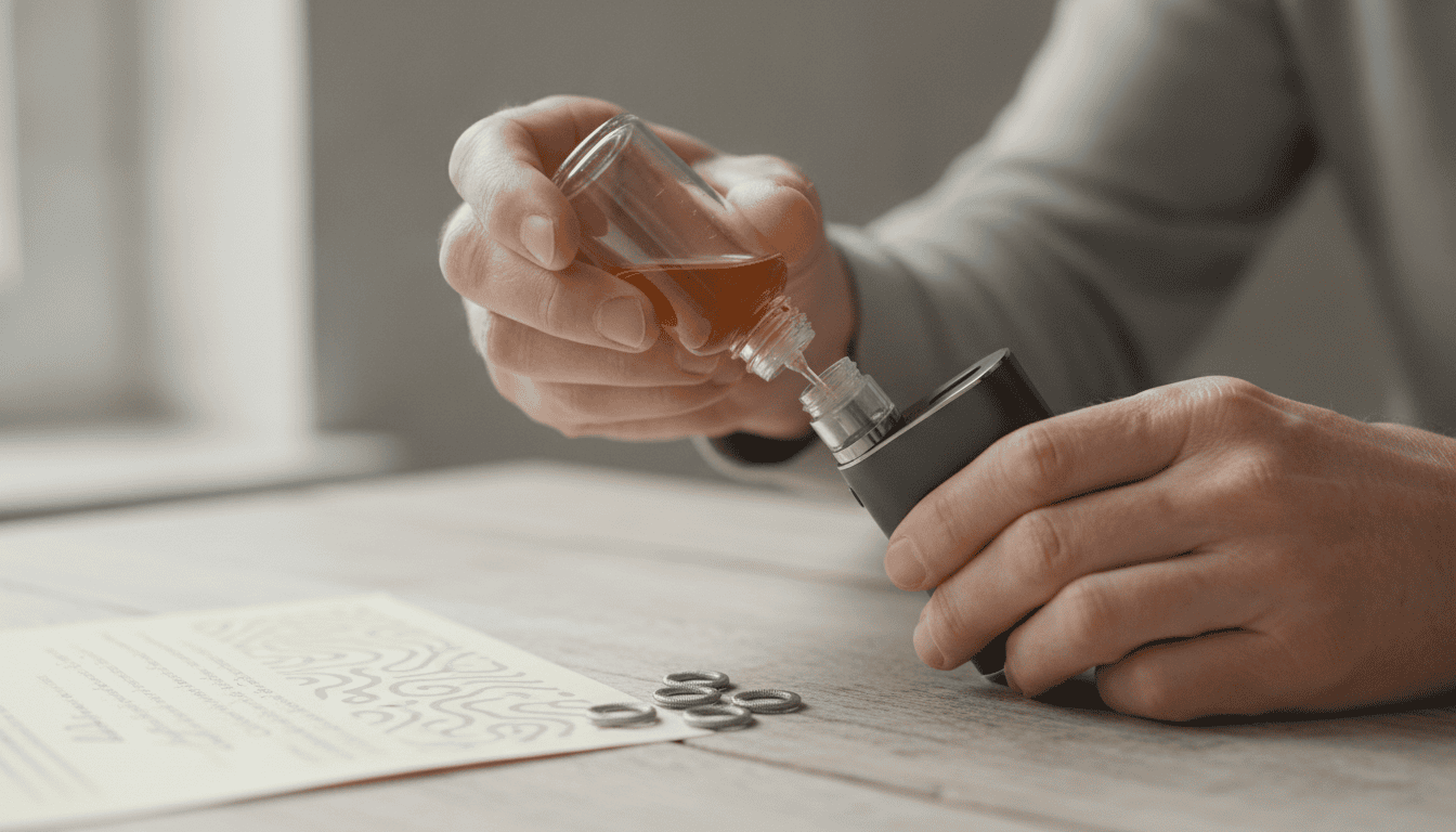 Mãos reabastecendo um pod de vape com um frasco de e‑liquid com CBD, sobre mesa de madeira com acessórios.