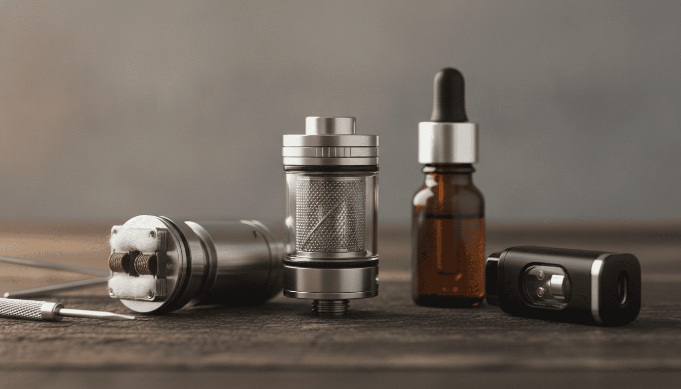 Coleção de tanques de vape sobre bancada com RTA, sub-ohm e pod, ferramentas e frasco de e-líquido.