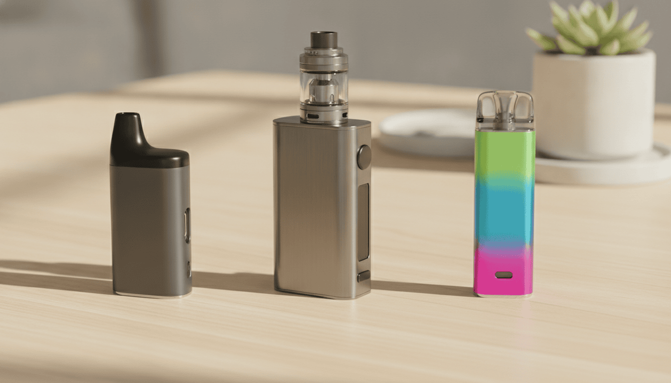 Mesa com três dispositivos de vape (pod recarregável, mod e descartável) em close-up, sem pessoas