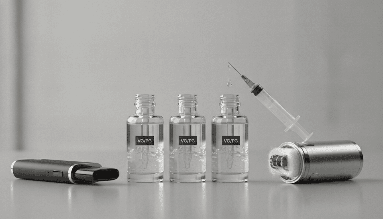 Mesa com três frascos de e-líquido, uma seringa de encher e dois aparelhos de vape (pod e mod), close no líquido e na bobina.