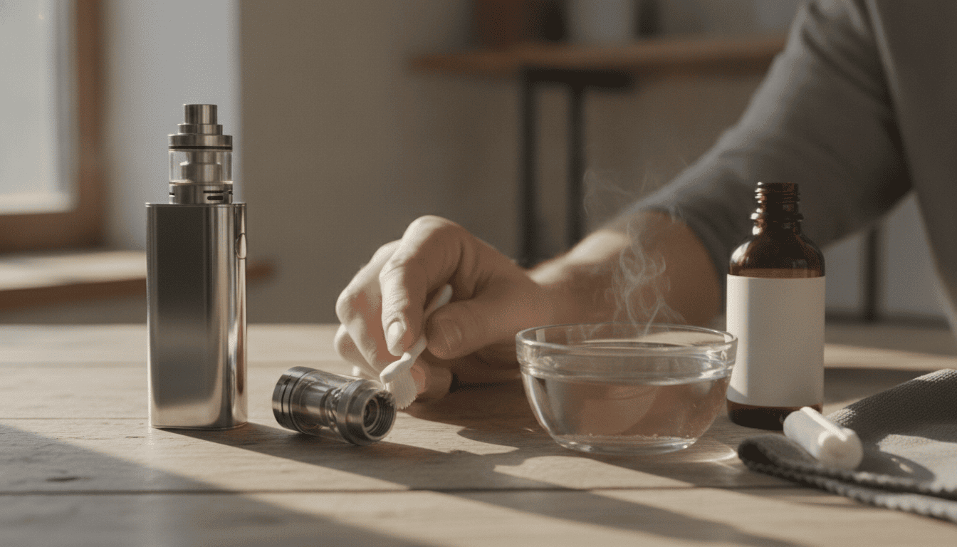 Mão limpando um tanque de vape desmontado com escova pequena; ao lado vidro com água, álcool isopropílico, algodão e pano microfibra sobre mesa de madeira