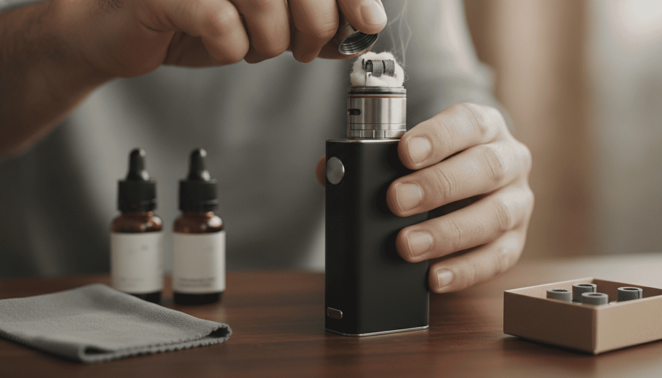 Mãos ajustando um tanque de vape aberto, com coil e algodão visíveis e frascos de e‑líquido sobre uma mesa.