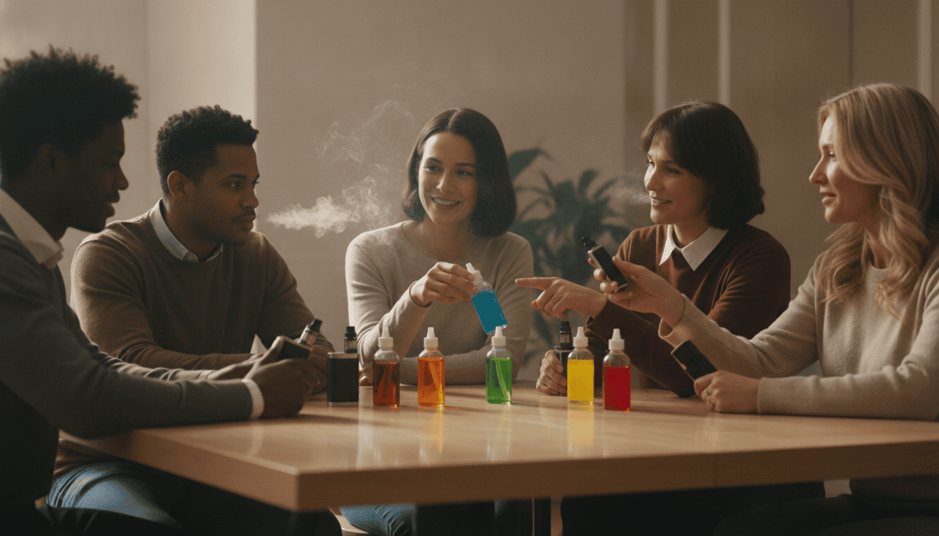 Grupo diverso de adultos compartilhando dispositivos de vaping e frascos de e-líquido sobre uma mesa, com vapor sutil no ambiente.