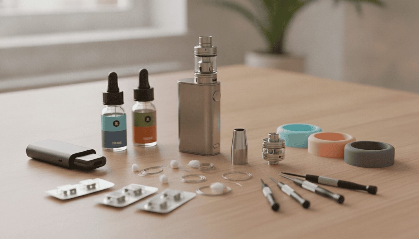 Mesa com diversos dispositivos de vape, frascos de e-líquido, coils, ferramentas e capas coloridas em foco.