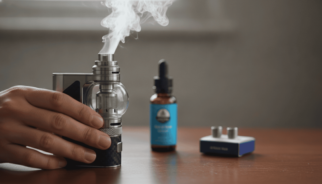 Close-up fotorrealista de um vape sub-ohm produzindo uma nuvem de vapor sobre uma mesa com frasco de e-líquido e bobinas ao lado.