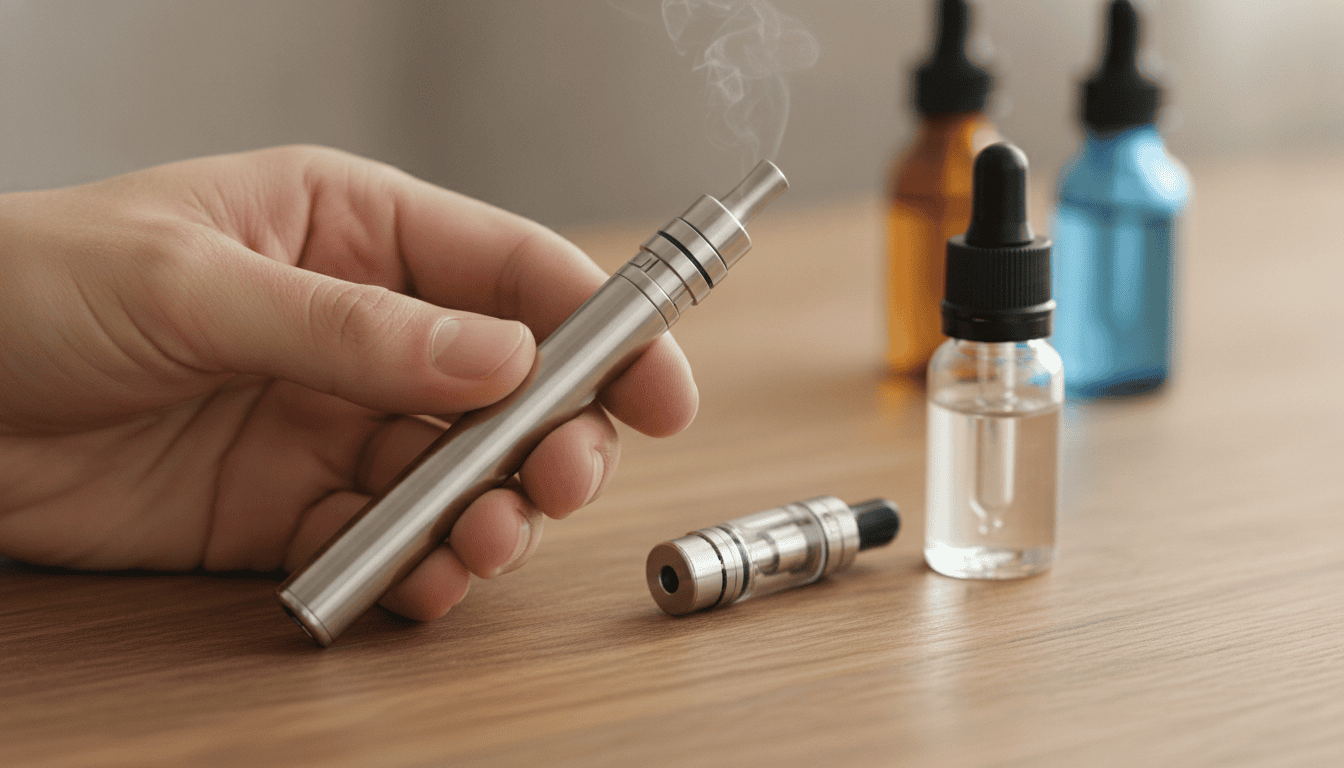 Mão adulta segurando um vape estilo eGo sobre uma mesa de madeira, com frascos de e-líquido e um clearomizer ao lado.
