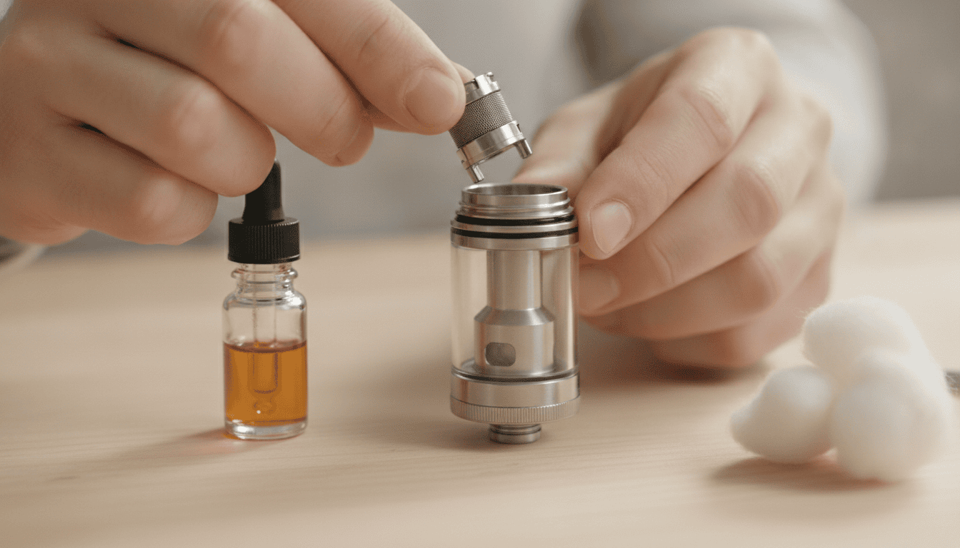 Mãos adultas instalando uma coil nova em um tanque de vape, com algodão e frasco de e-líquido ao lado.