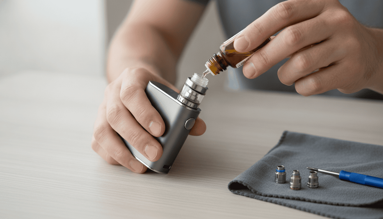 Mãos adultas enchendo um tanque de vape com e-líquido, com bobinas e pano de limpeza sobre uma mesa.