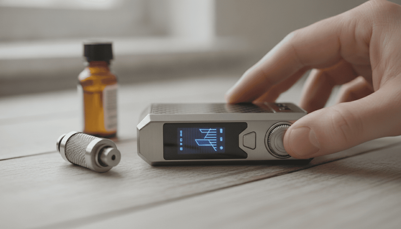 Mãos adultas ajustando as configurações de um mod de vape sobre uma mesa de madeira, com coil e frasco de e-líquido ao fundo.