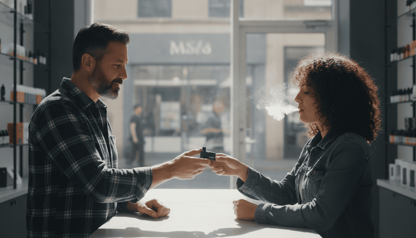 Duas pessoas em frente a balcão de loja de vape trocando um dispositivo pod, com frascos de e-líquidos e prateleiras desfocadas ao fundo.