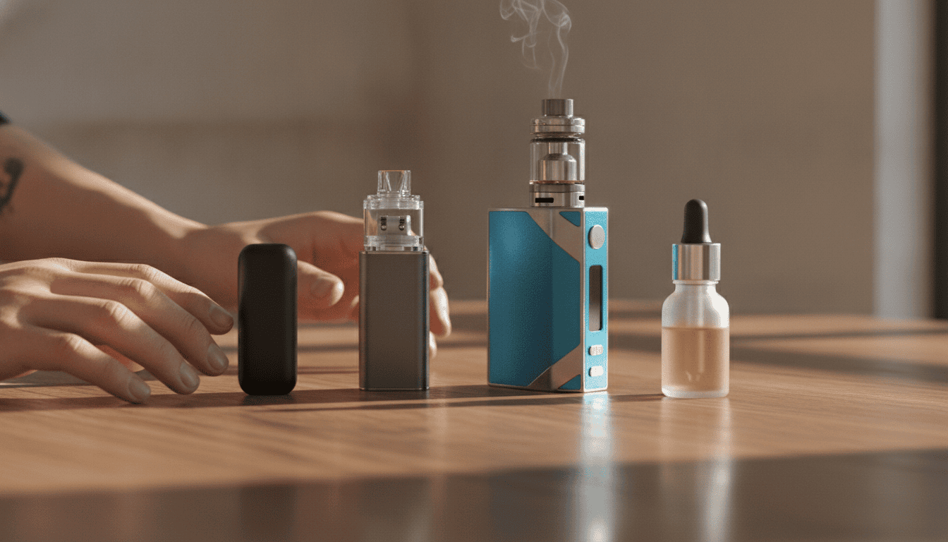 Mesa de madeira com diversos aparelhos de vape (pod descartável, pod recarregável, mod) e um frasco de e-líquido, iluminação natural.