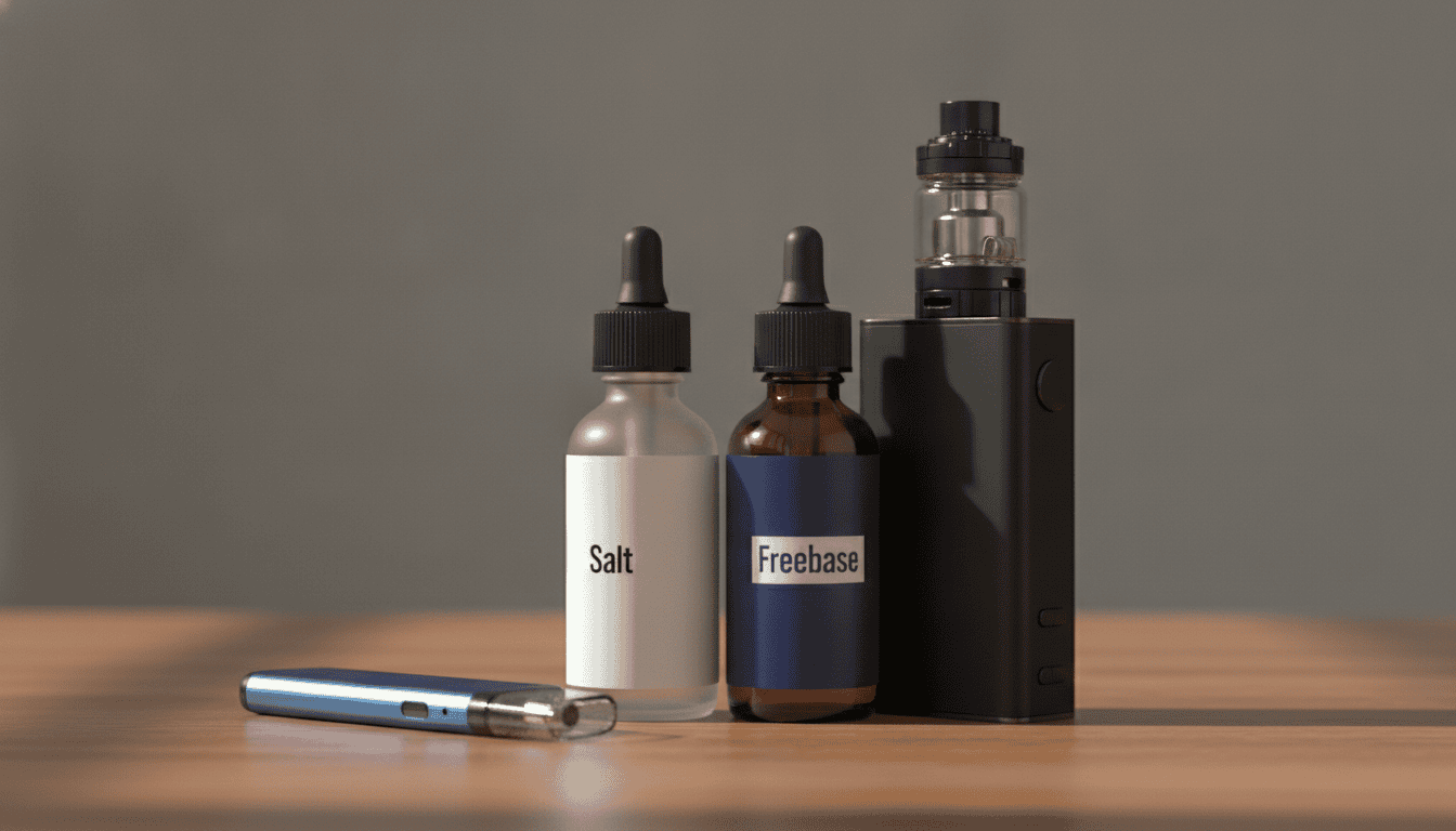 Dois frascos de e-líquido marcados "Salt" e "Freebase" sobre mesa de madeira, com um pod e um mod ao lado