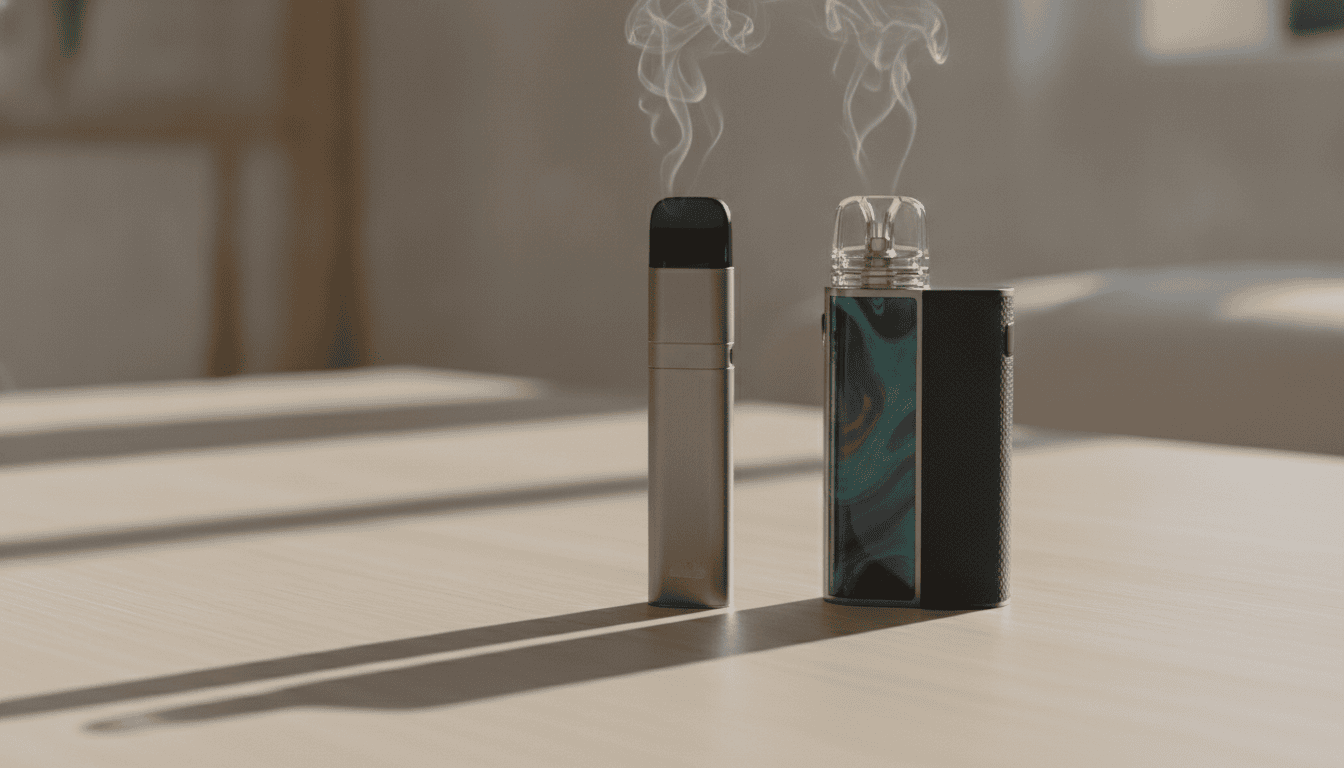Dois aparelhos de vape em superfície de madeira, um com acabamento metálico liso e outro com painel em resina colorida; pequena névoa acima dos dispositivos.