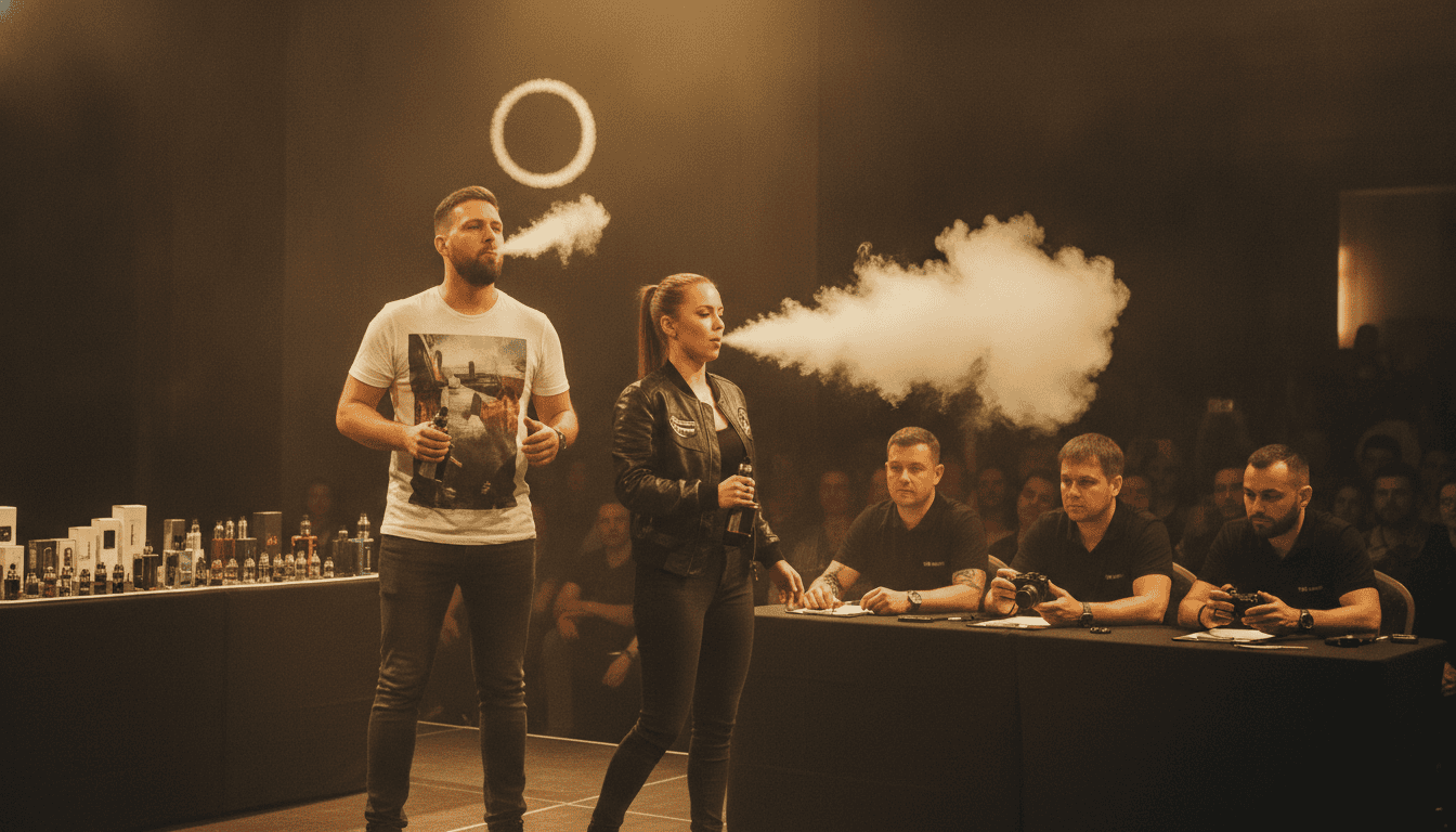 Competidores adultos fazendo truques e produzindo nuvens de vapor em um pequeno palco com juízes e equipamentos ao lado