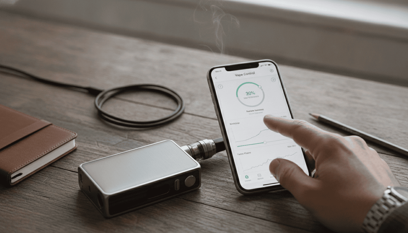 Dispositivo vape moderno ao lado de um smartphone mostrando uma interface de controle de aplicativo, cabo USB-C e acessórios sobre mesa de madeira.
